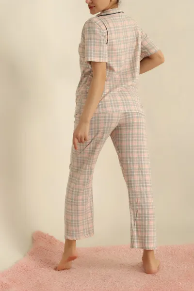 Pudra Düğmeli Desenli Bayan Pijama Takımı 258524
