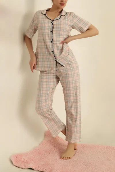 Pudra Düğmeli Desenli Bayan Pijama Takımı 258524