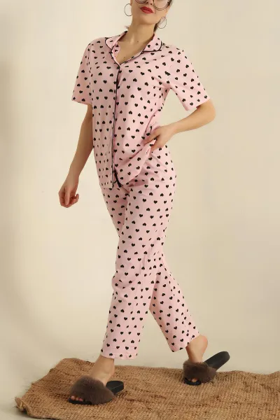 Pudra Düğmeli Desenli Bayan Pijama Takımı 258543