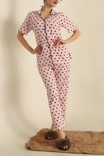 Pudra Düğmeli Desenli Bayan Pijama Takımı 258543