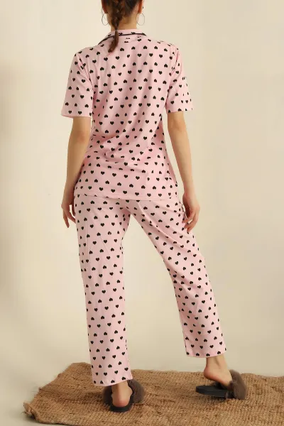 Pudra Düğmeli Desenli Bayan Pijama Takımı 258543
