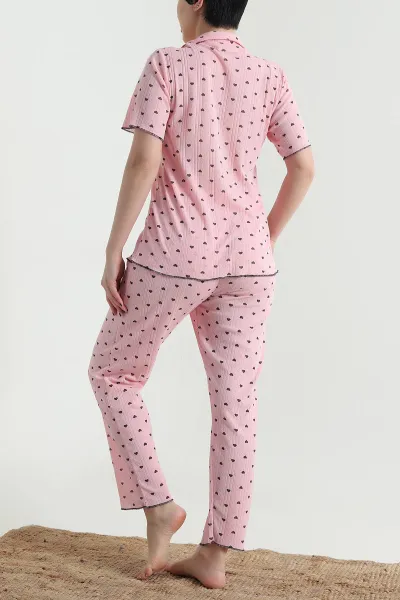 Pudra Düğmeli Kısa Kollu Kadın Pijama Takımı 454582