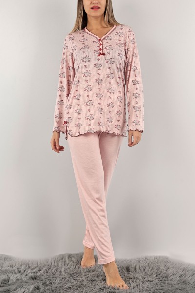Pudra Düğmeli Nakışlı Bayan Pijama Takımı 132260
