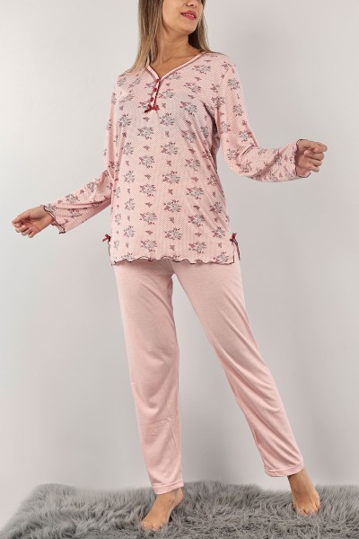Pudra Düğmeli Nakışlı Bayan Pijama Takımı 132260
