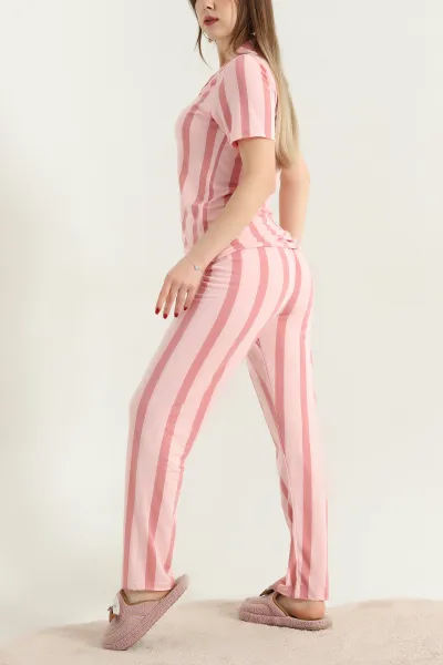 Pudra Düğmeli Viskon Bayan Pijama Takımı 338246