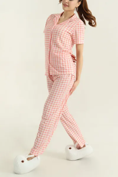 Pudra Düğmeli Viskon Kadın Pijama Takımı 347354