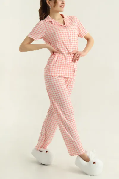 Pudra Düğmeli Viskon Kadın Pijama Takımı 347354