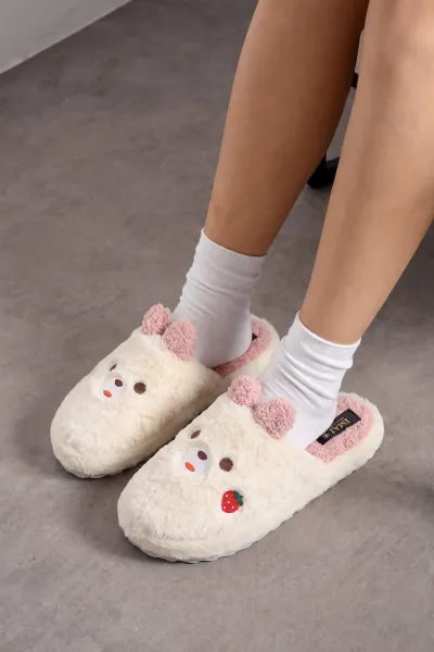 Pudra Ekru Peluş Figürlü Kadın Ev Terliği 488913