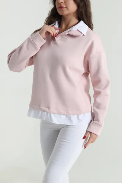 Pudra Gömlek Yaka Garnili Kadın Şardonlu Sweat 492801