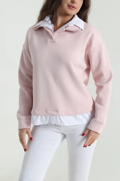 Pudra Gömlek Yaka Garnili Kadın Şardonlu Sweat 492801