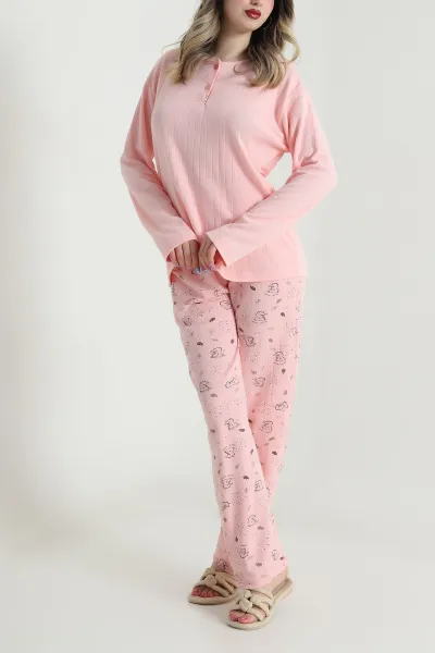 Pudra Kalın Fitilli Viskon Kadın Pijama Takımı 494631
