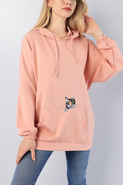 Pudra Kedi Nakışlı Sweat Tunik 79921