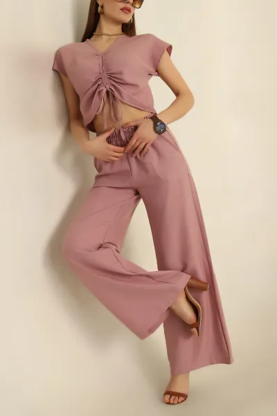 Pudra Keten Büzgülü Bluz Pantolon Takım 259936