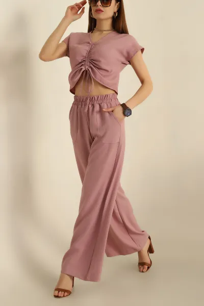 Pudra Keten Büzgülü Bluz Pantolon Takım 259936
