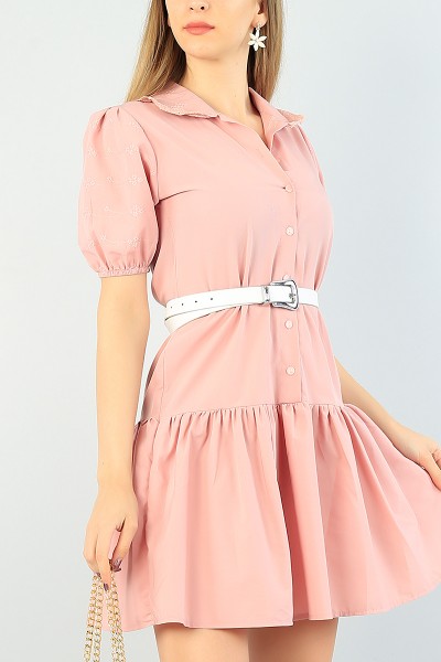 Pudra Kol ve Yaka Dantelli Poplin Elbise 63408