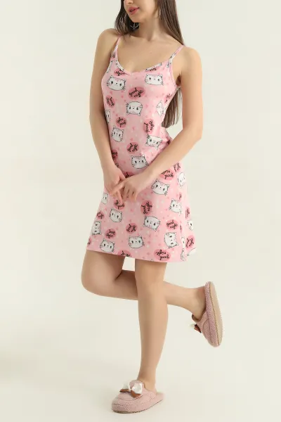 Pudra Likralı Desenli Milan Kadın Elbise Pijama 357189