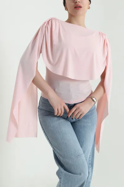 Pudra Likralı Sandy Kolsuz Kadın Bluz 453637