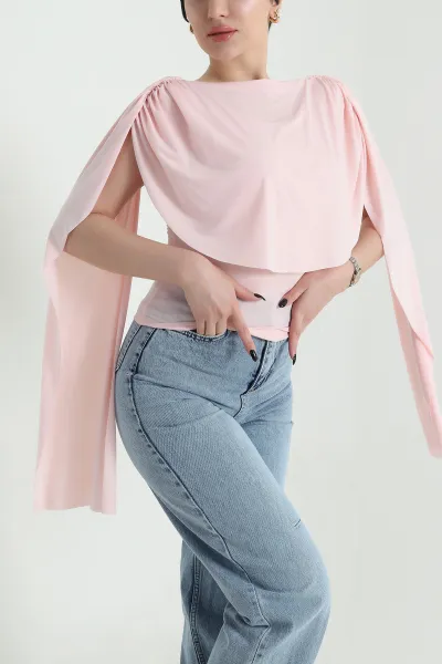 Pudra Likralı Sandy Kolsuz Kadın Bluz 453637