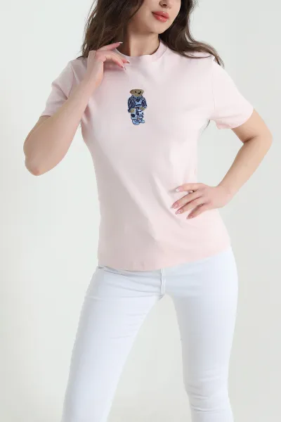 Pudra Nakışlı Kompak Kadın Tişört 454655