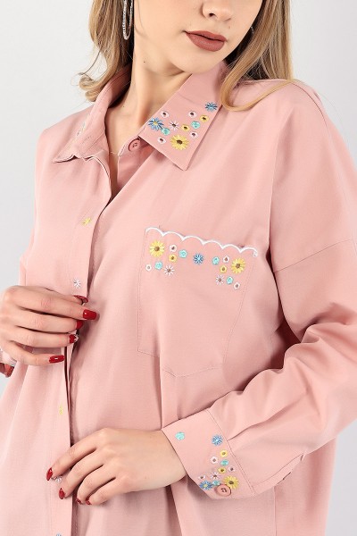 Pudra Nakışlı Poplin Gömlek Tunik 96453