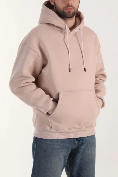 Pudra Oversize Üç İp Şardonlu Erkek Basic Kapüşonlu Sweatshirt 412702