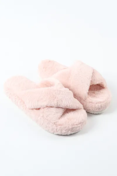 Pudra Peluş Çapraz Bant Detaylı Kadın Ev Terliği 488367