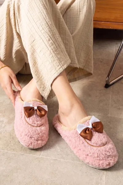 Pudra Peluş Fiyonk Detaylı Kadın Ev Terliği 496682