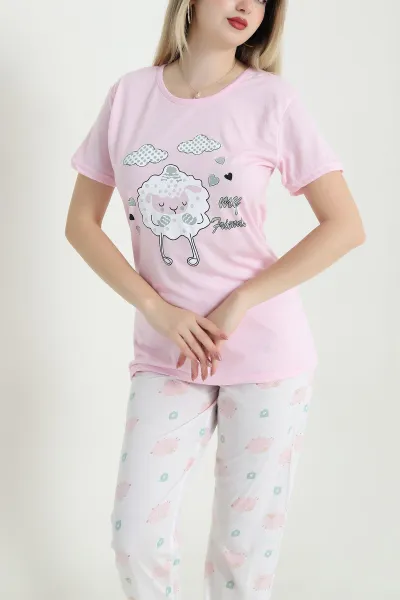 Pudra Pembe Desenli Viskon Kadın Pijama Takımı 466615