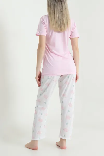 Pudra Pembe Desenli Viskon Kadın Pijama Takımı 466615
