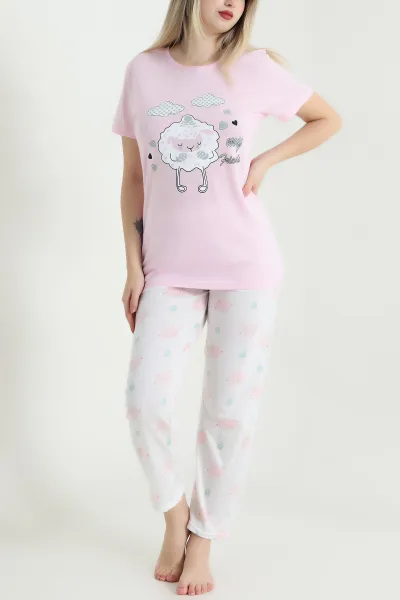 Pudra Pembe Desenli Viskon Kadın Pijama Takımı 466615