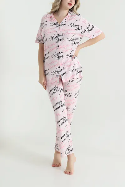 Pudra Pembe Düğmeli Viskon  Kadın Pijama Takımı 466681