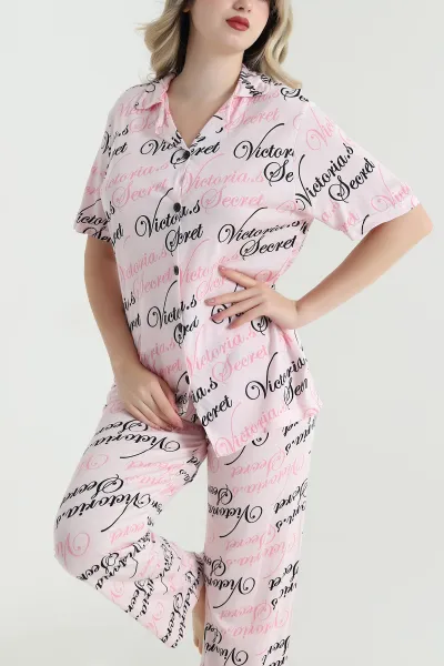 Pudra Pembe Düğmeli Viskon  Kadın Pijama Takımı 466681