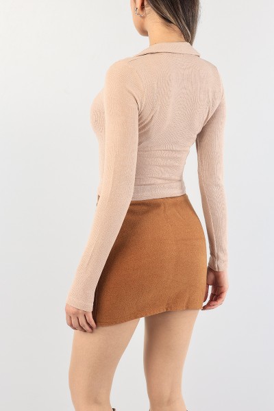 Pudra Polo Yaka Fermuarlı Bluz 88733