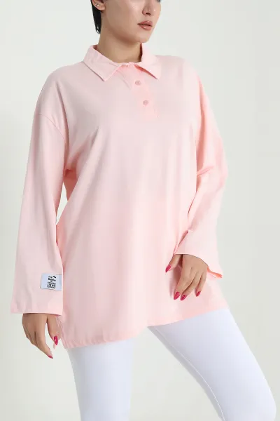 Pudra Polo Yaka Salaş Uzun Kol Kadın Tunik 477257