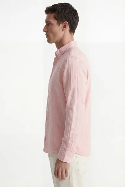 Pudra Relaxed Fit Müslin Keten Ata Yaka Erkek Gömlek 435746