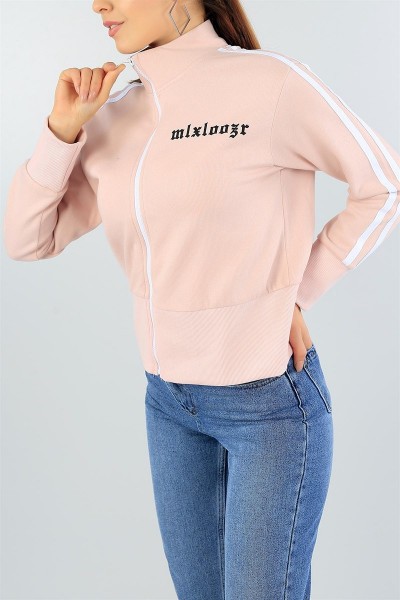 Fermuarlı Pudra Şeritli Şardonlu Bayan Sweat 43335