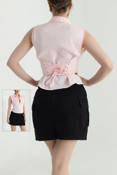 Pudra Sırt Bağcıklı Poplin Kadın Gömlek 467753