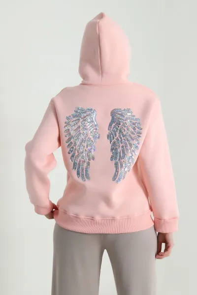 Pudra Sırtı Pul İşlemeli Şardonlu Kadın Fermuarsız Sweat 494469