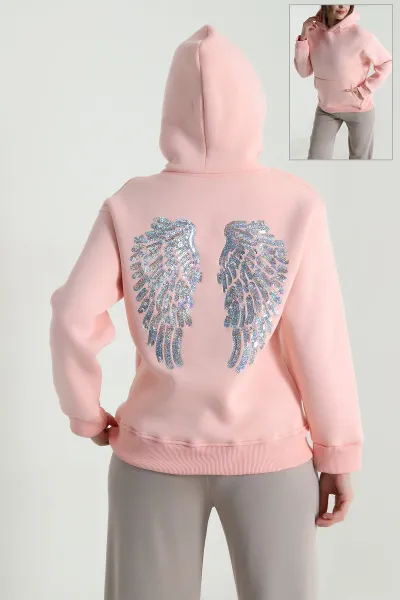 Pudra Sırtı Pul İşlemeli Şardonlu Kadın Fermuarsız Sweat 494469