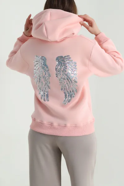 Pudra Sırtı Pul İşlemeli Şardonlu Kadın Fermuarsız Sweat 494469