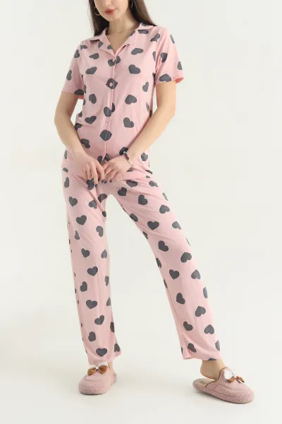 Pudra Viskon Düğmeli Kadın Pijama Takımı 341733