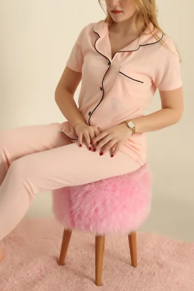 Pudra Viskon Düğmeli Fitilli Pijama Takımı 251554