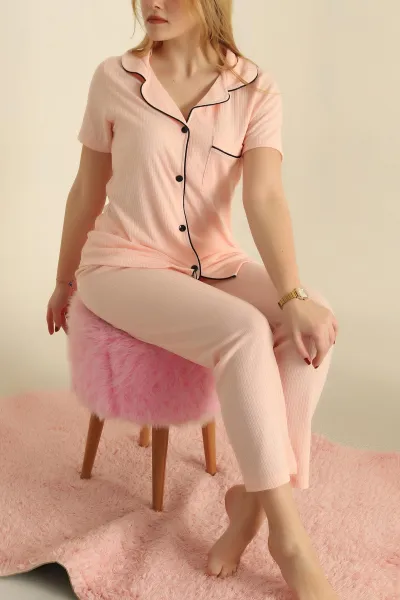 Pudra Viskon Düğmeli Fitilli Pijama Takımı 251554