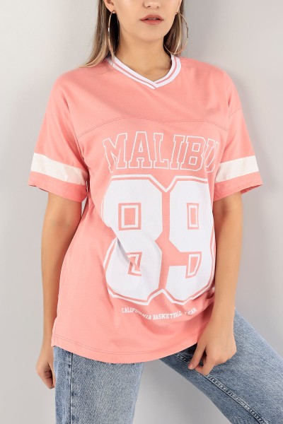 Pudra Yaka Ribanalı Oversize Bayan Tişört 121783