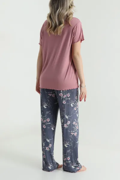 Pudra Yakası Dantelli Ring Viskon Kadın Pijama Takımı 479548