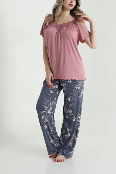 Pudra Yakası Dantelli Ring Viskon Kadın Pijama Takımı 479548