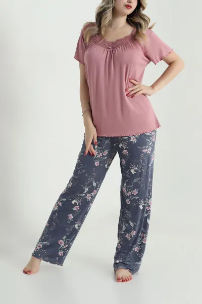 Pudra Yakası Dantelli Ring Viskon Kadın Pijama Takımı 479548