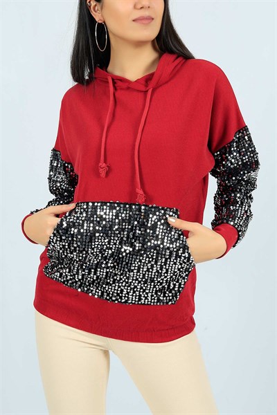 Pul İşlemeli Bordo Bayan Sweat 24567B