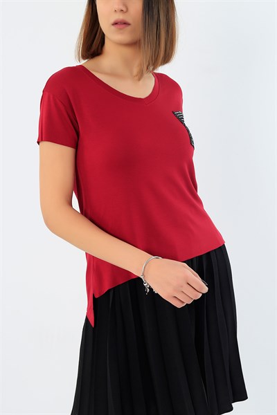Pul İşlemeli Bordo Bayan Tişört 29907B