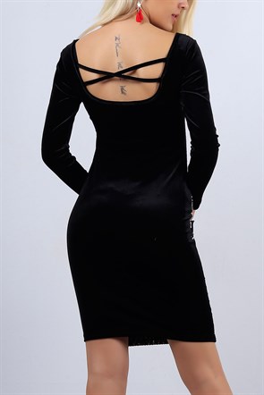 Pul İşlemeli Kadife Siyah Bayan Elbise 10607B